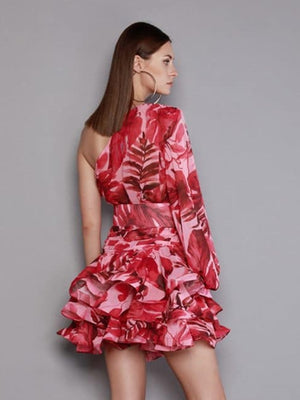 Floral Elegant Slanted Shoulder Belt Printing Slim Dress