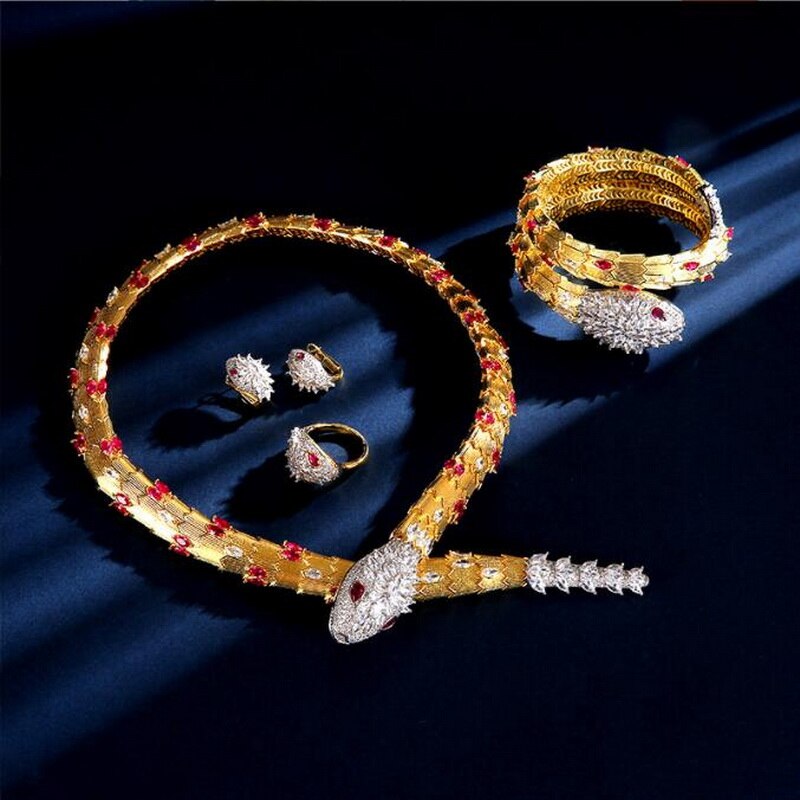 Designer Ring Earrings Bracelet Necklace Plated Gold Color Zircon Green Red Eyes Snake Serpent Jewelry Sets