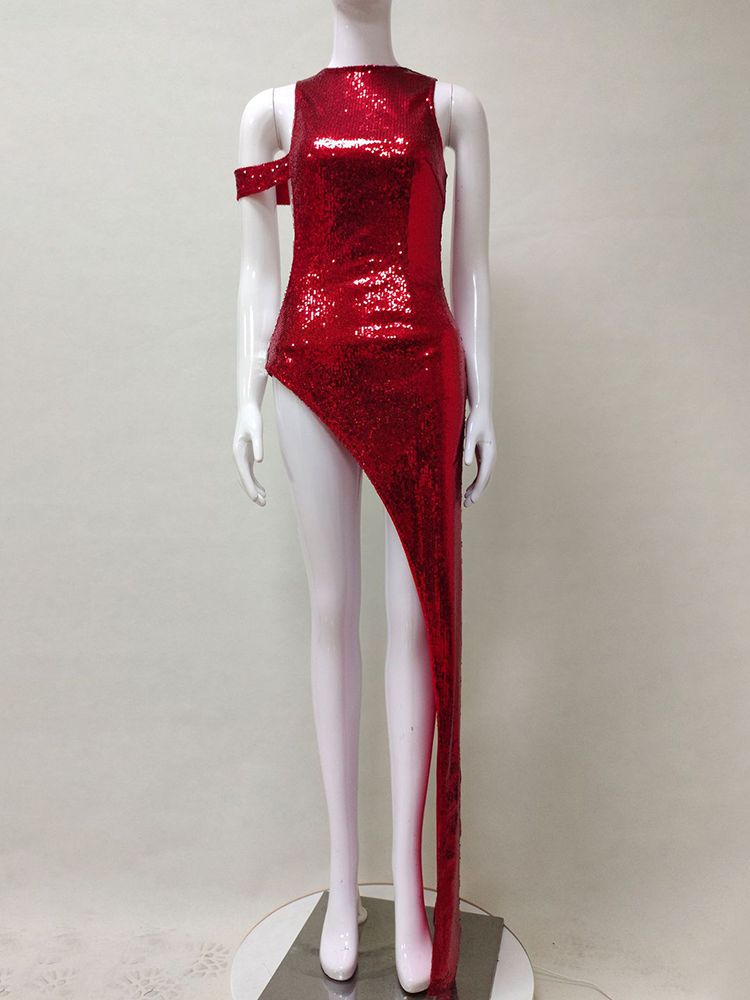 High Quality Burling Red Sequin O Neck Hollow High Slit Bodysuit Elegant Dress