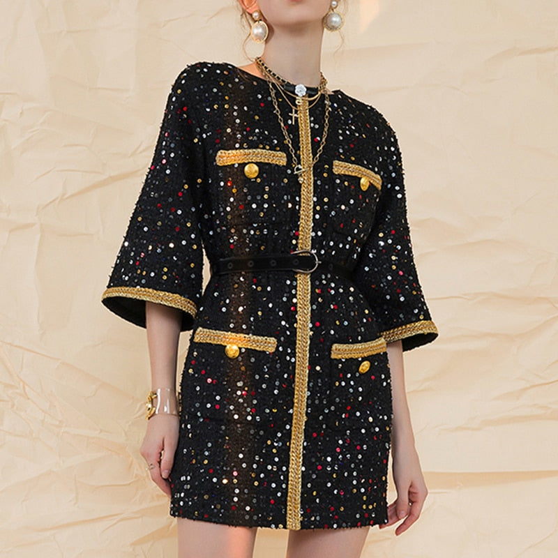 Luxury Retro Sequin Black Gold Tweed Coat