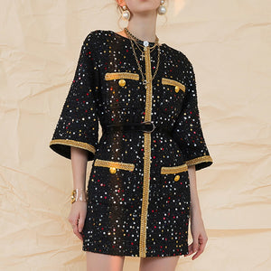 Luxury Retro Sequin Black Gold Tweed Coat
