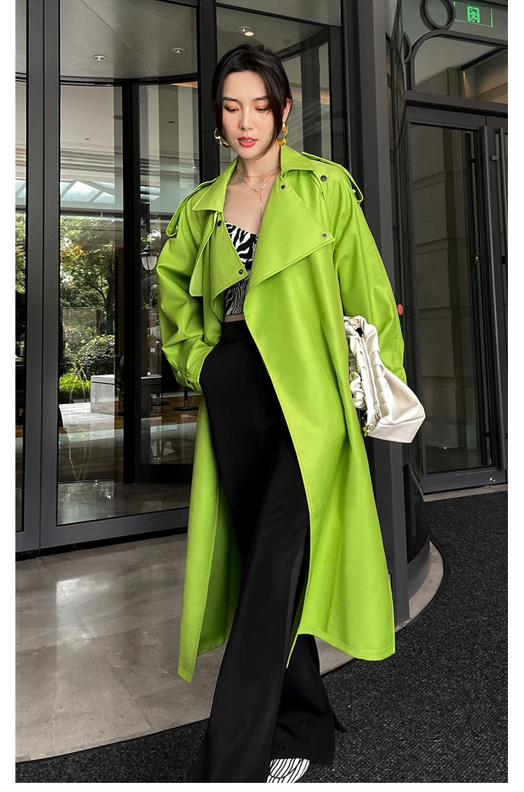 Luxury Oversized Bright Green Faux Leather Trench Coat