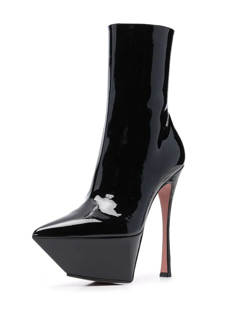 Platform Shiny Leather Side Zip Pointed Toe Ankle Boots