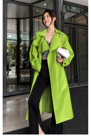 Luxury Oversized Bright Green Faux Leather Trench Coat