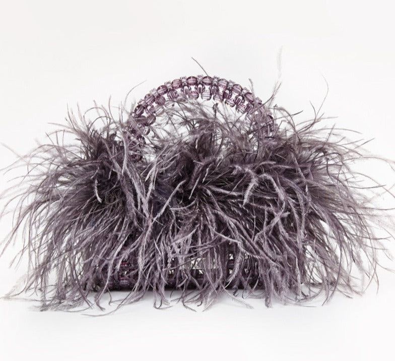 Pearl Beaded Ostrich Feather Designer Clear Acrylic Crystal Stone Handbag