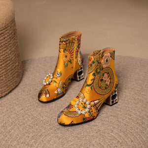 Luxury Embroidered Silk Leather Ankle Boot