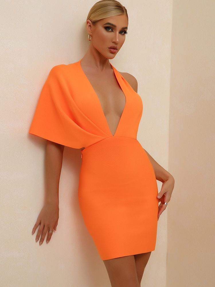 One Shoulder Elegant Orange Bandage Dress