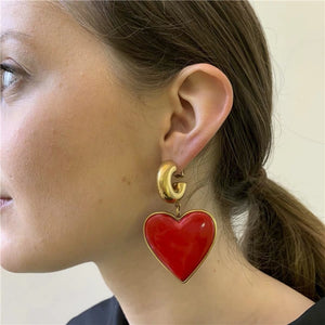 Vintage Big Red heart Drop Earring