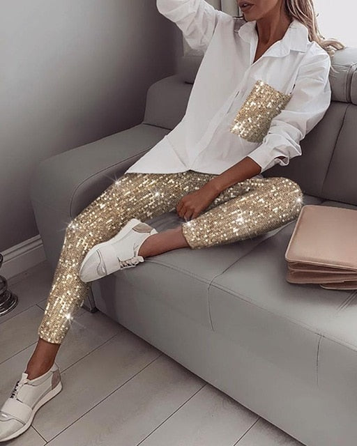 2pcs Set Sequin Pantshirt