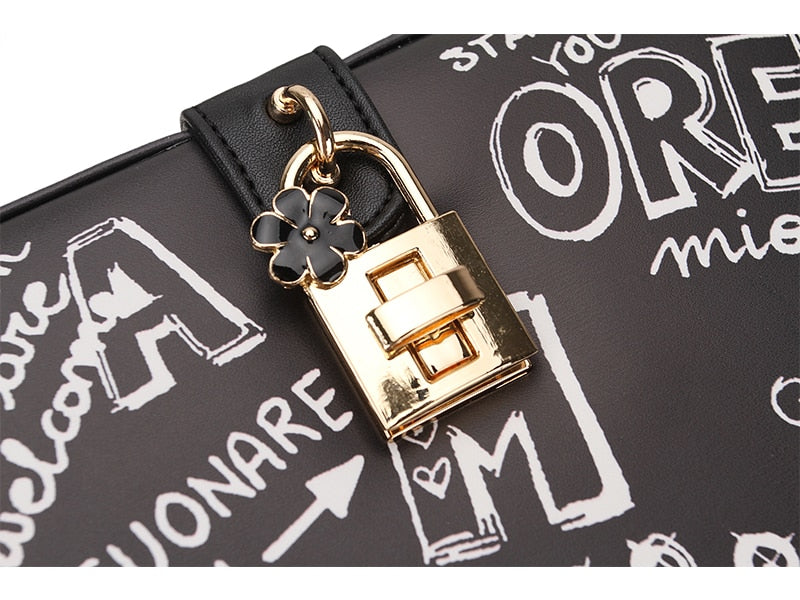 Black & White Graffiti Cartoon PU Leather Messenger Bag