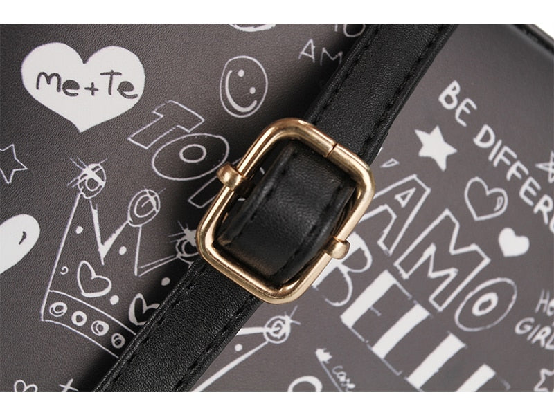 Black & White Graffiti Cartoon PU Leather Messenger Bag
