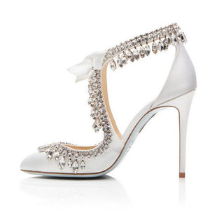 Elegant White Satin Chrystal Tassel Lace Up Shoe