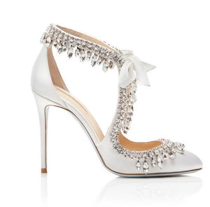 Elegant White Satin Chrystal Tassel Lace Up Shoe