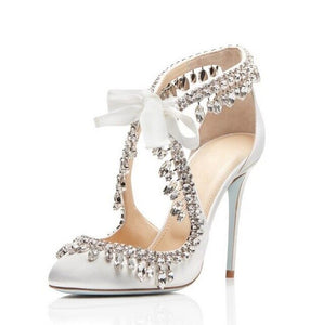 Elegant White Satin Chrystal Tassel Lace Up Shoe
