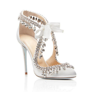 Elegant White Satin Chrystal Tassel Lace Up Shoe