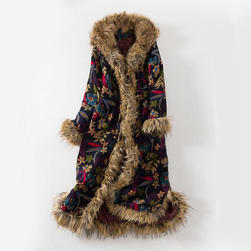 Indian folk Fur Collar Winter Windbreaker Cotton Linen Vintage Coat