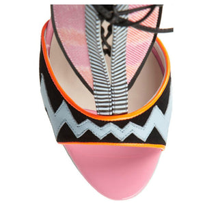 Pink Denim Cloth Lightning Patchwork Sandals Gladiator Stripe Tassel Lace up Shoe
