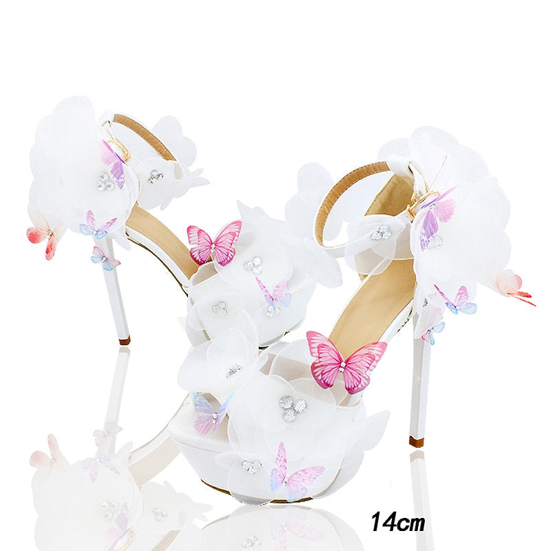 White Flower Butterfly Chrystal Platform Shoe