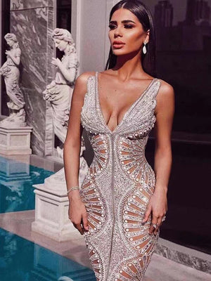 2020 Chic Silver Sequin Ruffle Maxi Dress