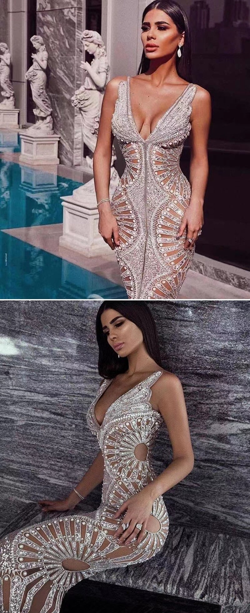 2020 Chic Silver Sequin Ruffle Maxi Dress