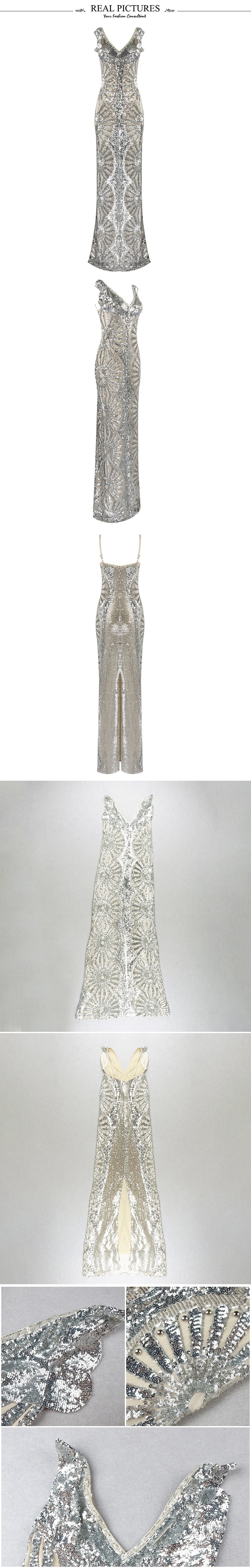 2020 Chic Silver Sequin Ruffle Maxi Dress
