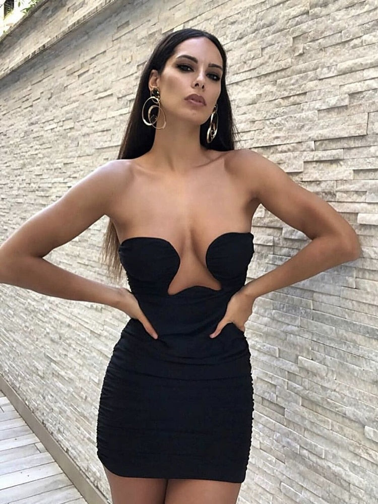 2020 Draped Design Strapless Mesh Dress