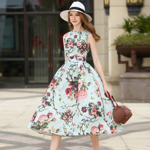 Sleeveless Floral Print Long Dress Rushed Pleated Large Swing Flower Long Dress
