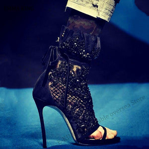 2020 Luxury Black Mesh Peep Toe Ankle Boots