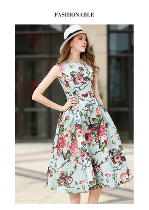 Sleeveless Floral Print Long Dress Rushed Pleated Large Swing Flower Long Dress