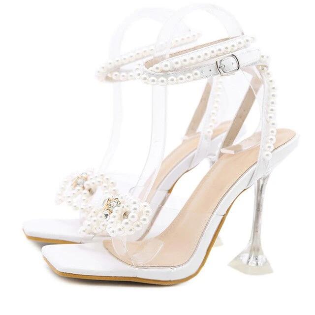 Rhinestone Bowknot PVC Jelly Transparent Square Toe Sandal