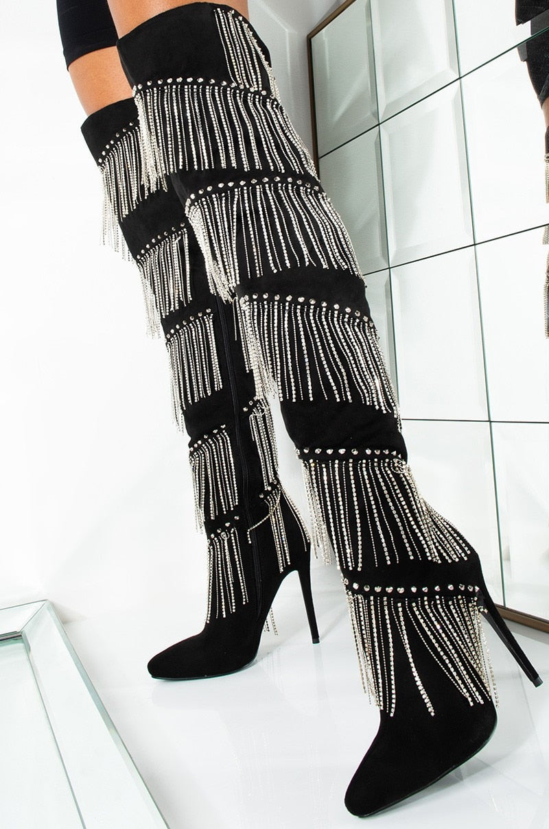 Luxury Designer Chrystal Fringe Over The Knee Boots