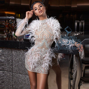 Dubai Feather See Thru High Neck Crystals Short  Luxury Beading Dress