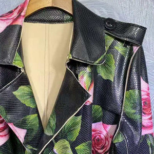High Quality Runway Rose Flower Print Belt Trenchcoat