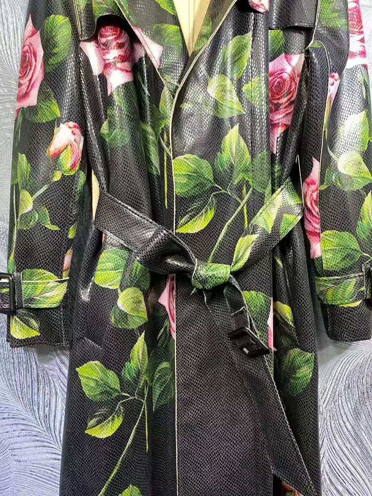 High Quality Runway Rose Flower Print Belt Trenchcoat