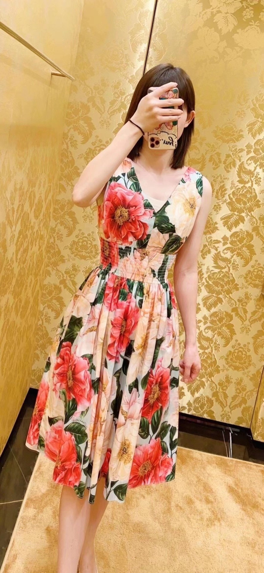 High Quality Flower Print V-Neck Dress