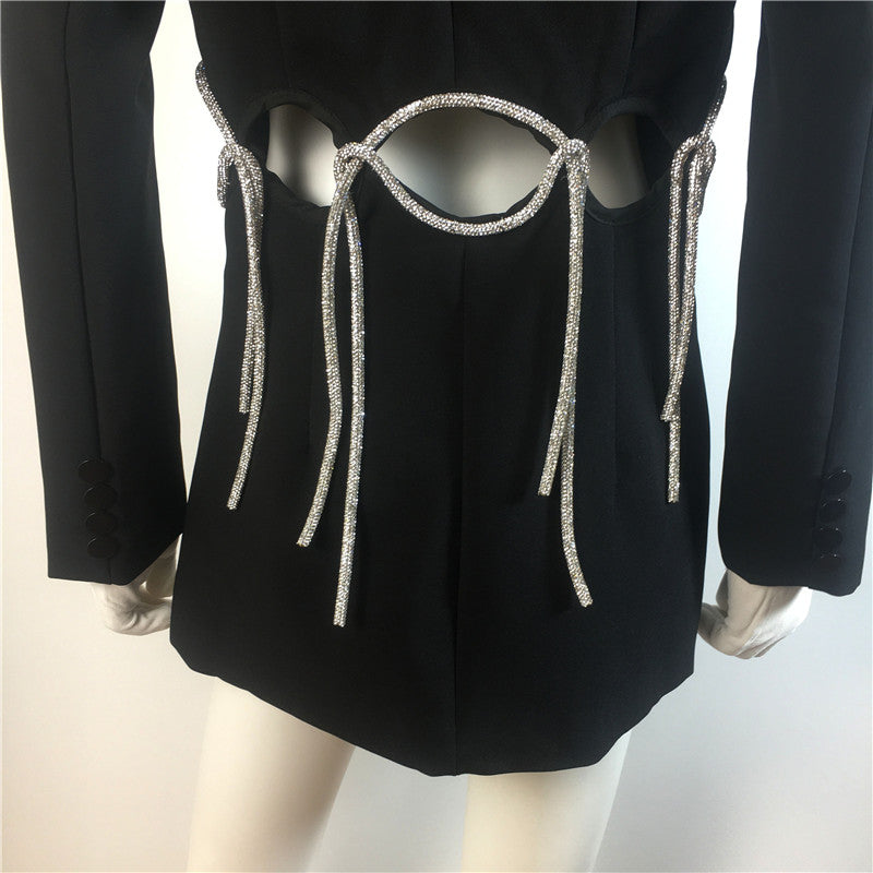 Runway Designer Notched Hollow Out Backless Diamonds Blazer