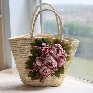 Hand Made Summer Women Flower Straw Beach Bag & Hat