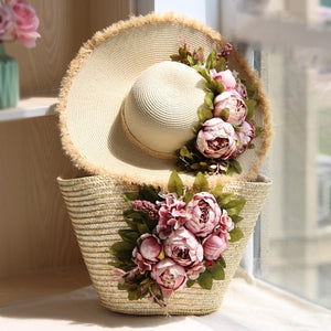 Hand Made Summer Women Flower Straw Beach Bag & Hat
