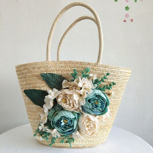 Hand Made Summer Women Flower Straw Beach Bag & Hat