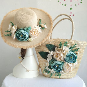 Hand Made Summer Women Flower Straw Beach Bag & Hat