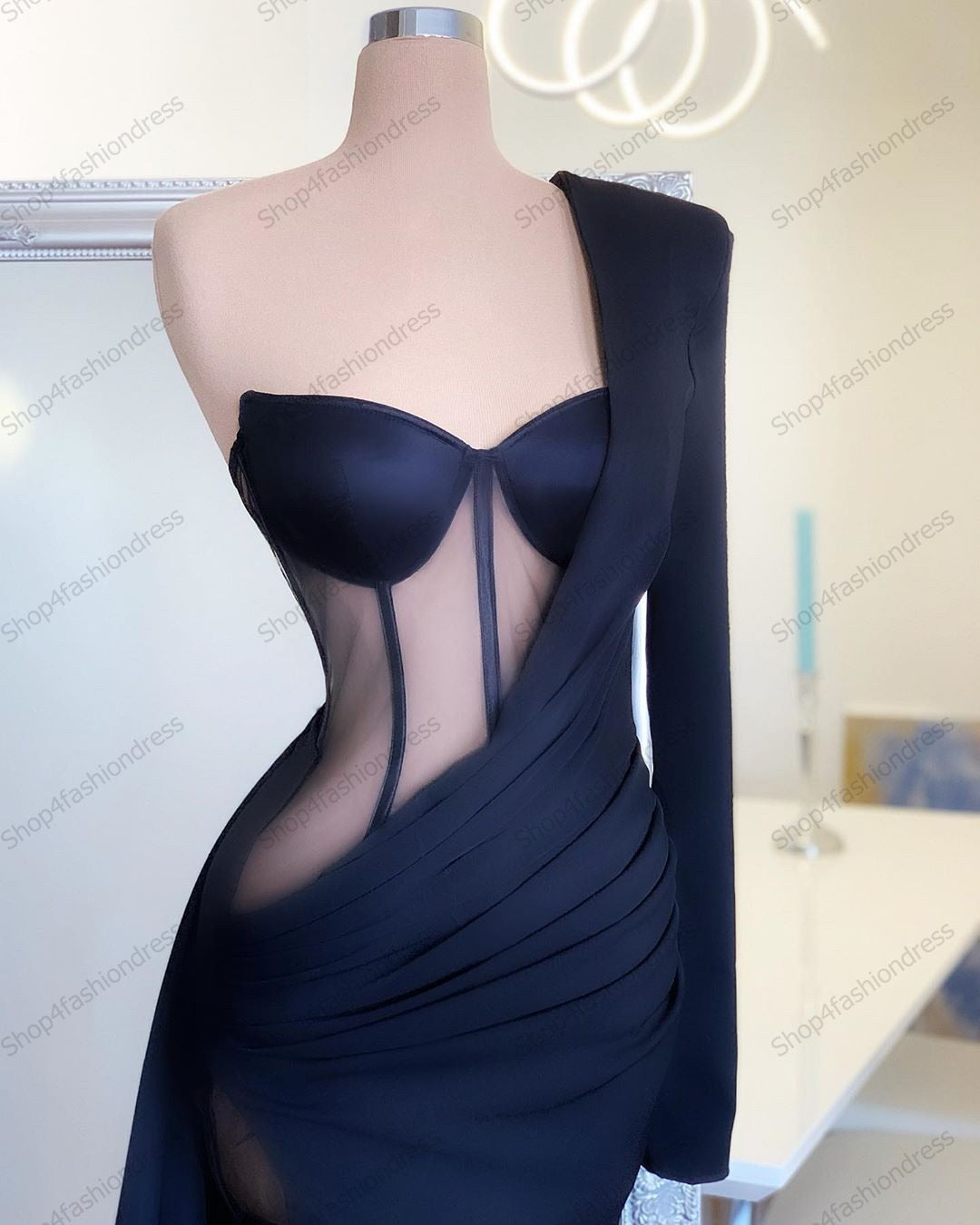 One Shoulder Navy Blue Mermaid Crystals High Slit Gowns