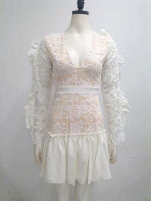 Mesh Embroidered V-neck Long Sleeve White Lace Ruffled Dress