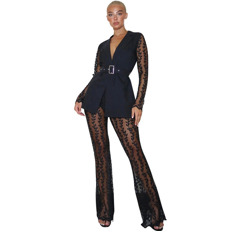 Runway Lace Patchwork Two Piece V-neck Sashes Tops High Waist See Through Mesh Flared Pants Sets