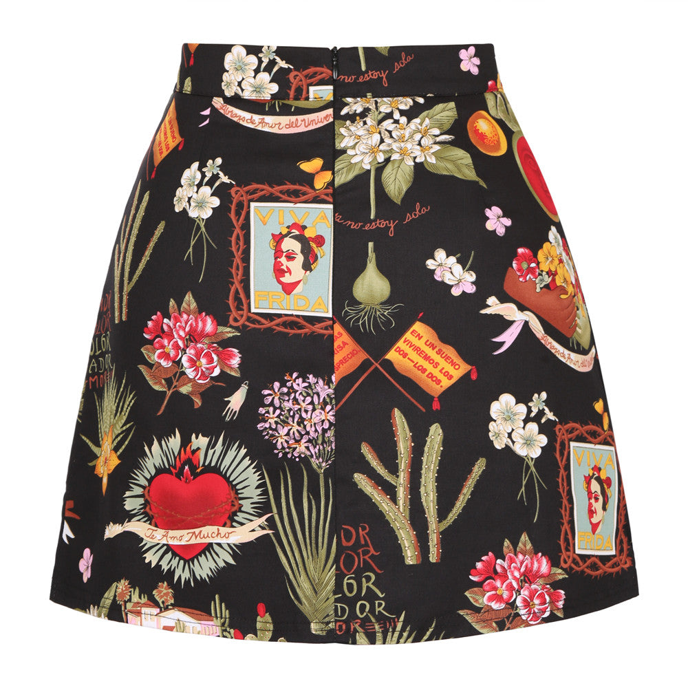 Vintage Black Floral Print A Line Skirt
