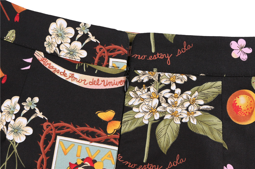 Vintage Black Floral Print A Line Skirt