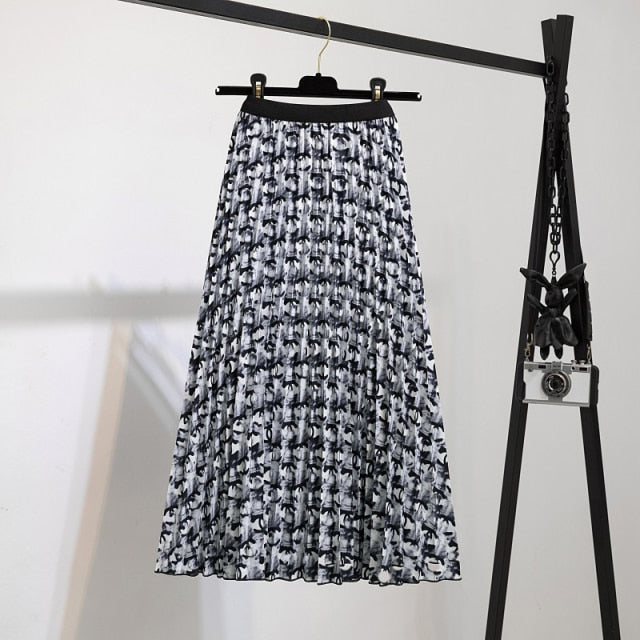 Pleated High Waist Elastic Mid-Calf Skirt