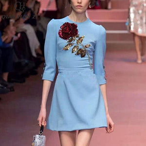 High End Sequined Rose Beaded Blue Dress