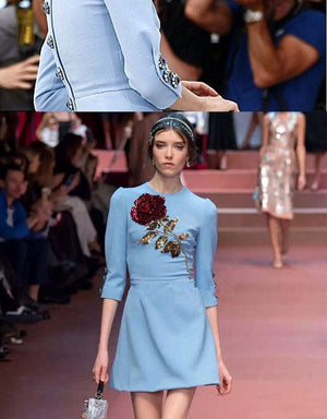 High End Sequined Rose Beaded Blue Dress