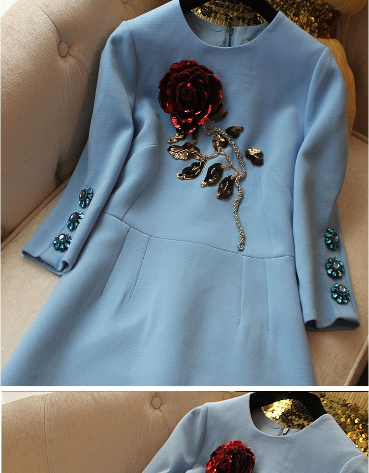 High End Sequined Rose Beaded Blue Dress