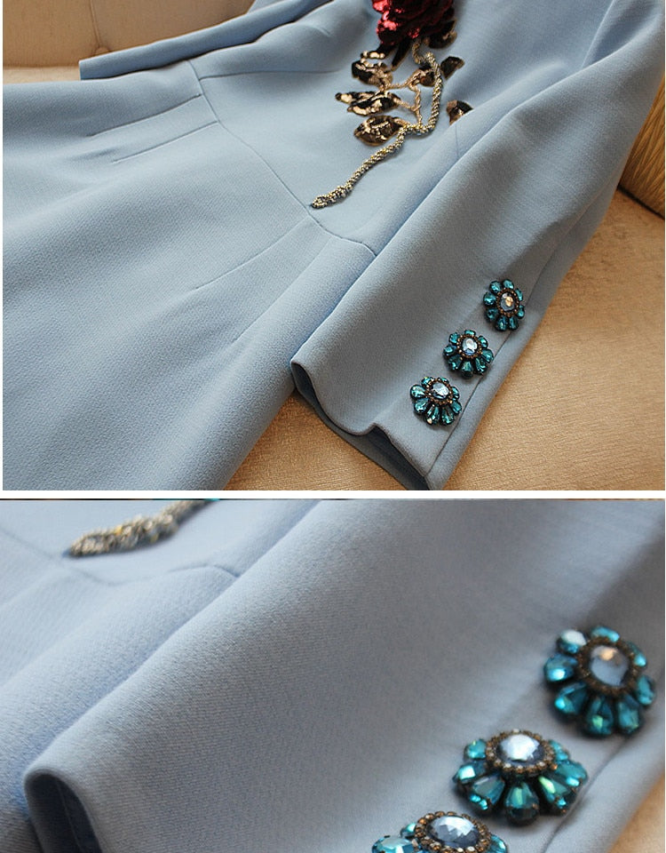 High End Sequined Rose Beaded Blue Dress